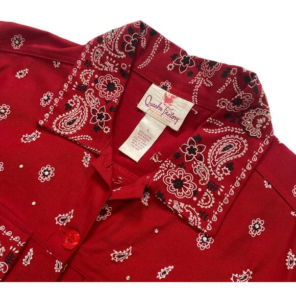 Vintage Quacker Factory Red Bandana Paisley Print Beaded Cotton Trucker Jacket - Picture 3 of 5